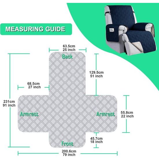 Stoelbeschermer voor televisiefauteuil, 100% waterdicht, stoelovertrek voor relaxstoel, antislip, anti-fouling, 1-zits stoelbeschermer met zakken, meubelbescherming, 91 x 190 cm