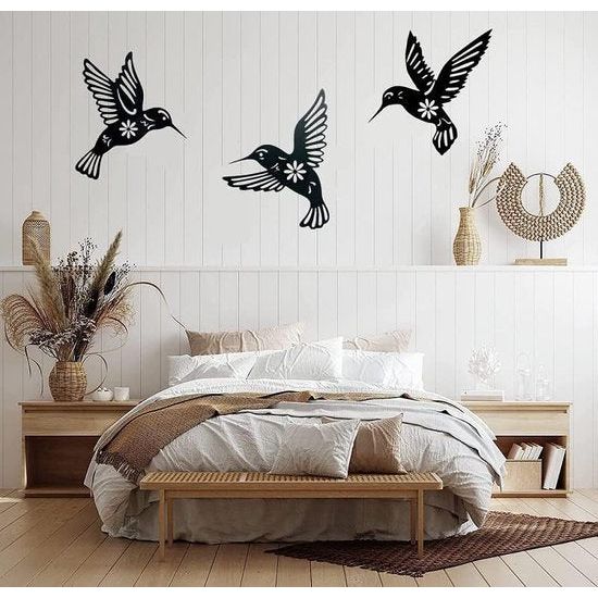 Set van 3 metalen wanddecoratie zwarte vogels buiten woonkamer tuin kolibrie decoratie wanddecoratie metalen kolibrie voor huis tuindecoratie muurkunst metaal