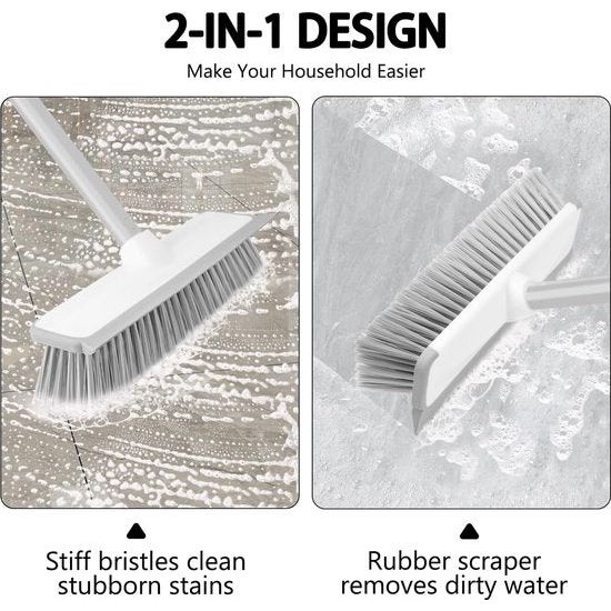 Vloerschrobborstel 2-in-1, schraperborstel met telescoopgreep, vloerschrobber met waterschuiver, bezem met stijve borstelharen voor het reinigen van tegels, badkamer, terras, garage, keuken