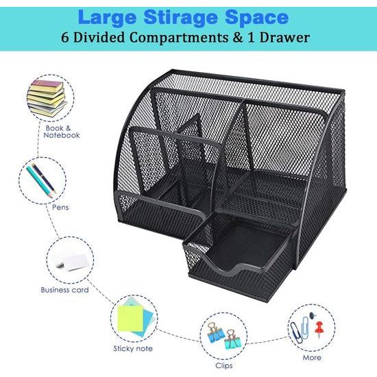 Bureau-organizer, gaas metalen kantoorplank met pennenhouders en lade, 6 sorteervakken voor pennen, pennenhouder, multifunctionele organisator (zwart)