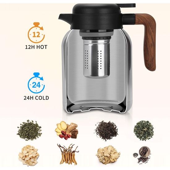 Thermoskan, 1,5 l, koffiepot van dubbelwandig 304 roestvrij staal, thermotheepot met afneembare theezeef, thermoskan met houten handvat, 12 uur warmte/18 uur koud (zilver)