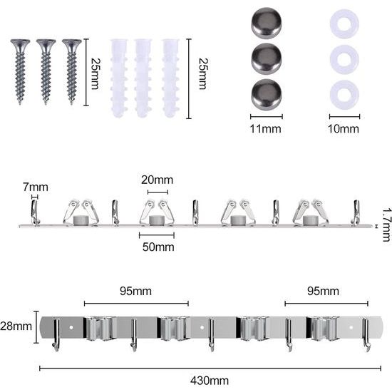 Bezemhouder, wandboren, zelfklevend, roestvrij staal, wandhouder, metaal, met 4 houders en 5 haken, bezemhouder, tuingereedschaphouder voor keuken, kasten, badkamer, garage, tuin
