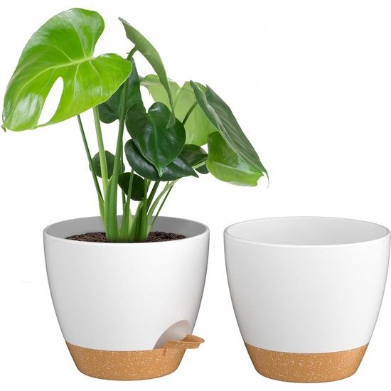 20 cm plantenpotten met irrigatielip, zelfbewaterende plantenpotten met afvoergaten en uitneembare onderzetter, kunststof plantenpotten voor binnen en buiten, wit, set van 2