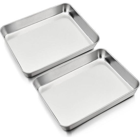 Bakplaat, roestvrij staal, kleine ovenvorm, vetpan, ovenvorm, oven, set van 2, rechthoekige diepe ovenplaat, taartplaat om te bakken/braden/serveren, niet giftig en gezond,
