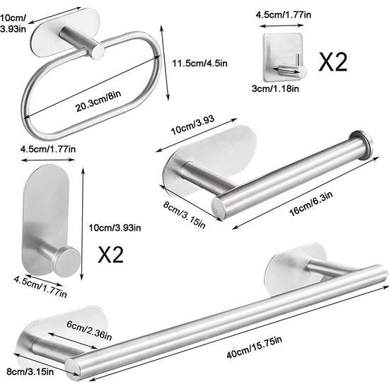 zone Handdoekhouder zonder boren, 7-in-1, van 304 roestvrij staal, met toiletpapierhouder en zelfklevende handdoekhaken, badkameraccessoires, wandmontage (zilver)