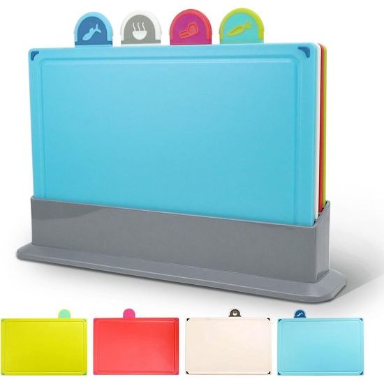 Snijplank, set van 4 kleuren plastic snijplanken met voedselpictogrammen en ladebasis, ontbijtplank antislip BPA-vrij, antibacterieel voor vis/groenten/fruit/vlees/brood
