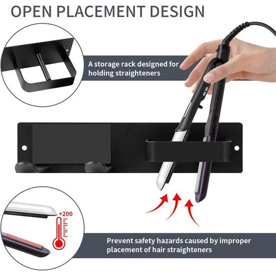 Föhnhouder Muur zonder boren, 2 in 1 Föhn- en Stijltanghouder voor Badkamer, RVS Föhnhouder voor Hotelbadkamer Slaapkamer, Wandhouder voor Föhn (Zwart)