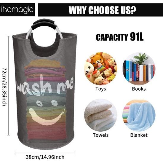 Laundry Hamper with Handles, 91L Freestanding Laundry Container, Foldable, Laundry Bag with Smiley Pattern for Dirty Laundry, Laundry Sorter Storage Basket for Sleeping Room (Dark Grey)