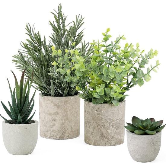 Kunstplanten in potten, 4 stuks, vetplantenplanten, faux eucalyptus, kleine kunstplant, rozemarijn, voor valse vetplanten, thuis, bureau, woonkamer, decoratie