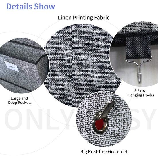 Organizer met 6 vakken om op te hangen; voor deur of wand; geschikt voor o.a. tijdschriften en kranten; gemaakt van textiel