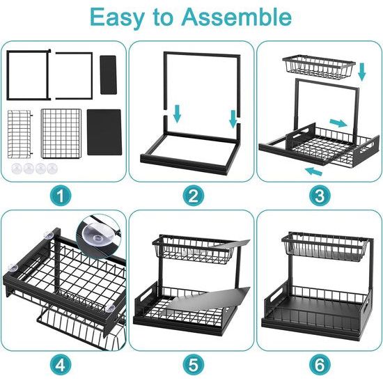 Metalen rek voor onder de wastafel, 2 etages, keukenkastorganizer met lade, grote capaciteit, onderkastrek, kruidenrek en keukenhulp voor keuken, badkamer, onderkast, zwart