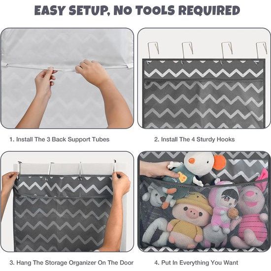 Opslag voor knuffeldieren, boven de deur-organizer voor knuffeldieren, babyaccessoires en vochtige doekjes, ademende hangorganizer met 4 grote vakken voor kinderkamer, slaapkamer, grijs