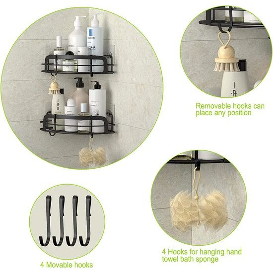 STEUGO Hoekrek douche zonder boren, zwarte shampoohouder douche zonder boren, badkamer douche opslag met 4 haakjes, 2 stuks, roestvrij staal