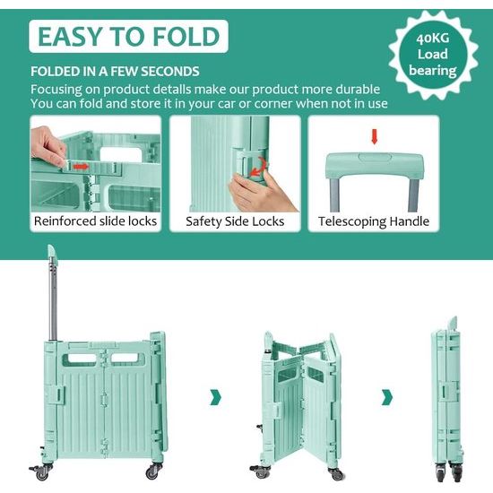 Boodschappentrolley, inklapbaar, transporttrolley, tot 40 kg, met deksel en telescopische handgreep, 4 wielen, winkelwagen, vouwbox (groen)