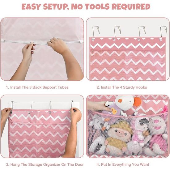 Opslag voor knuffeldieren, boven de deur-organizer voor knuffeldieren, babyaccessoires en vochtige doekjes, ademende hangorganizer met 4 grote vakken voor kinderkamer, slaapkamer, roze
