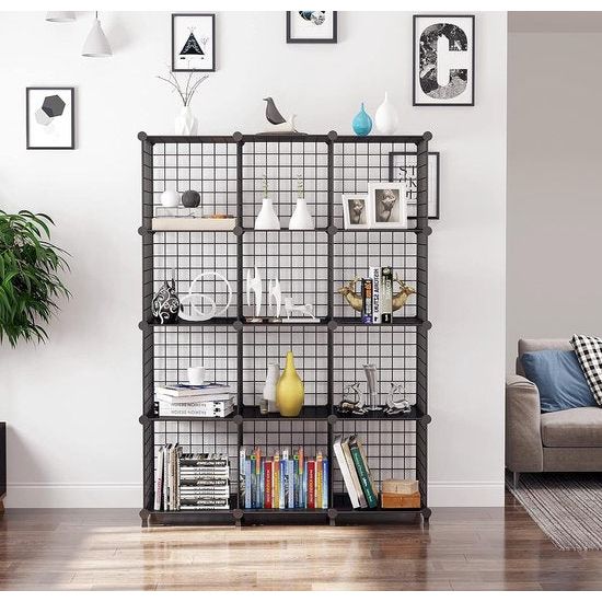 12 Plank Draadkubus Stapelbare Plankkubus DIY Metalen Raster Plankkubus Boekenplank Kubusplank met deuren voor woonkamer, slaapkamer, badkamer Zwart