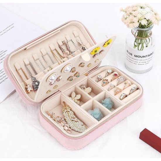 Klein fluwelen reissieradendoosje, klein fluwelen sieradendoosje voor meisjes en vrouwen, mini-sieradenorganisator voor ringen, oorbellen, kettingen, armbanden, klein sieradendoosje, roze