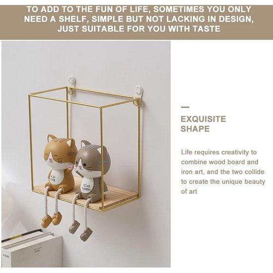 Set van 3 metalen wandplanken, Europees geometrisch lijndesign, wandrek met houten planken, industrieel design, zwart/goud, zwevend rek voor slaapkamer, woonkamer, hal (goud)