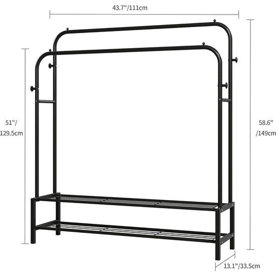 Kledingrek met 2 kledingstangen, kapstok van metaal met 2 lagen vloerplanken en 4 haken, tassen en schoenen opbergen, geschikt voor slaapkamer en woonkamer