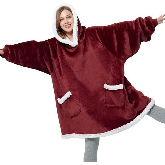 Hoodie deken met mouwen en capuchon - Sherpa dekenpullover als cadeau voor vrouwen, extra grote knuffelpullover dames, draagbare deken om aan te trekken, volwassenen, rood, 95 x 83 cm