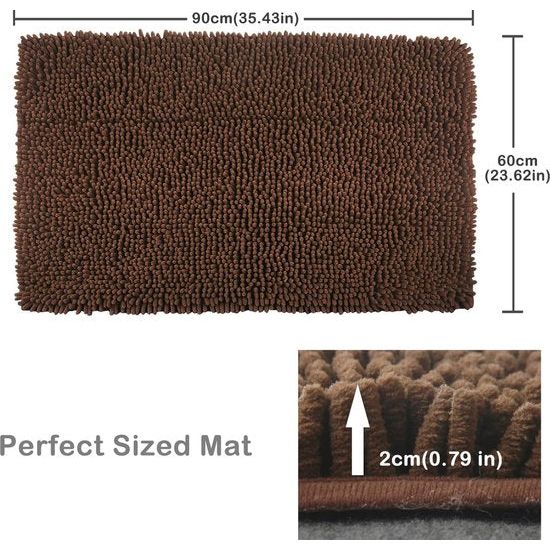 Antislip, hoogpolige badmatten, 60 x 90 cm, machinewasbare badmat, badmat met waterabsorberende, zachte chenille voor badkuip, douche en badkamer (bruin)