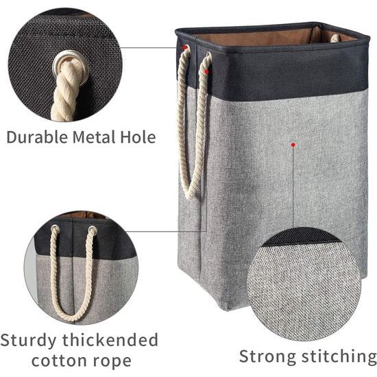 Wasmand 78L, opvouwbare wasmand met touwhandgrepen opbergcontainer geschikt voor slaapkamer wasruimte badkamer 60 x 42 x 31 cm zwart + grijs