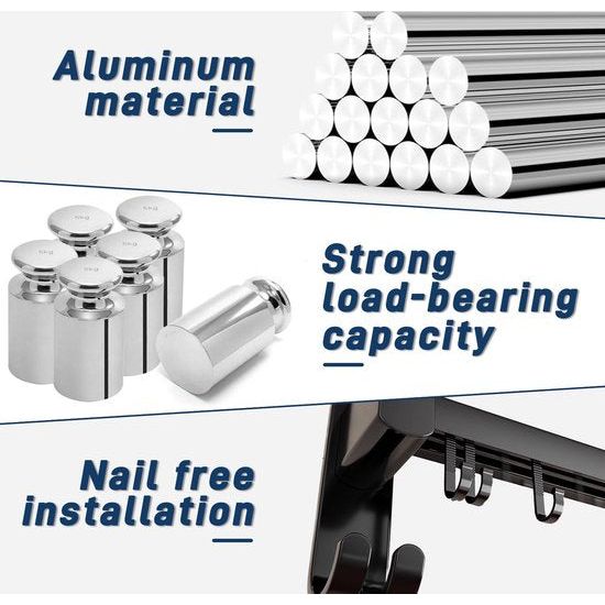 40 cm keukenhouder met 6 afneembare haken, aluminium messenhouder en potdekselhouder - keukenhulplijst - zwart