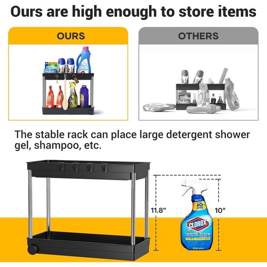 Gootsteenorganizer, keukenkastorganizer met roestvrijstalen buis, 2 stuks onder gootsteenplank, onderkastorganizer met 4 haken, keukenplank voor keuken, badkamer, kast, tafelblad -