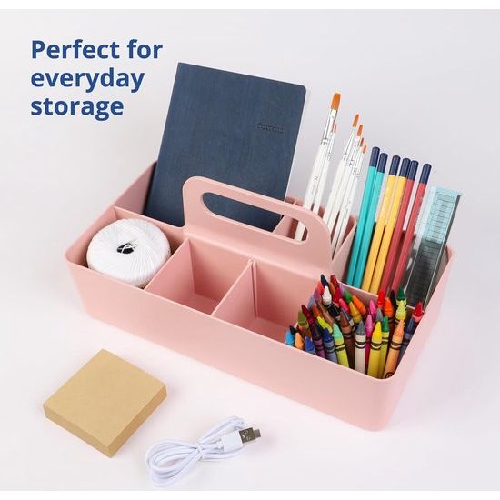 Multifunctionele mand-organizer, stapelbare kunststof mand met handvat, reinigingsmand, knutselmand, bureaumand, opslag voor kunst en make-up (lange rechthoek), roze