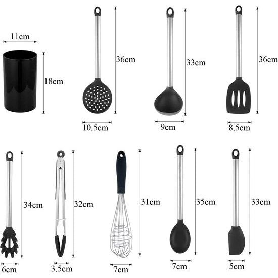 Keukenhulp, set van 9 stuks, siliconen kookgerei, siliconen servies, keukenaccessoires, anti-aanbaklaag, keukenbakgereedschap, hittebestendig kookgereedschap, BPA-vrij, met roestvrijstalen handgreep, zwart