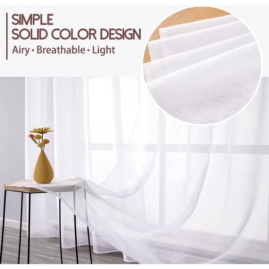 Voile gordijnen met oogjes, halftransparant, kort, linnenlook, voorhang, vitrage, wit, 145 x 140 cm (h x b) voor woonkamer, slaapkamer, kinderkamer, set van 2