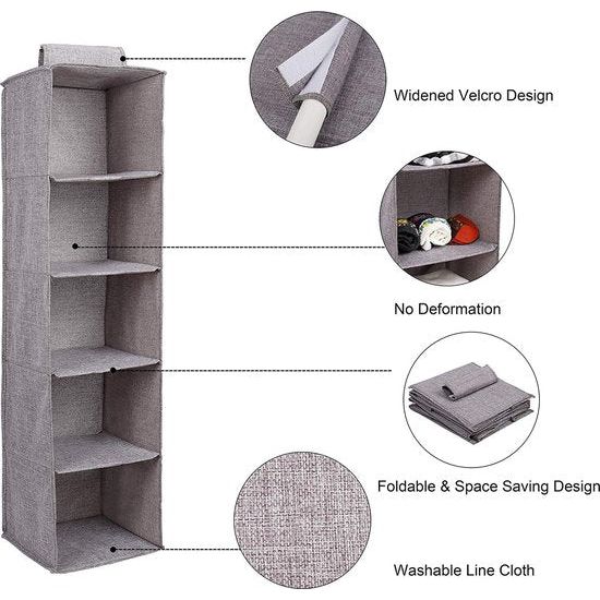 Ophangrek, hangende opberger met 5 zakken, hangende stoffen doos, kledingdoos, organizer voor kleding, mooi, ruimtebesparend en opvouwbaar, grijs