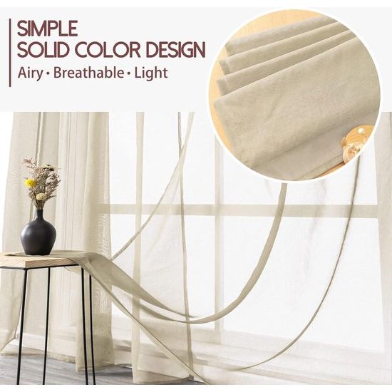 Voile gordijnen met oogjes, half-transparant, kort, linnenlook, voorhang, vitrage, beige-creme, 137 x 140 cm (h x b) voor woonkamer, slaapkamer, kinderkamer, set van 2