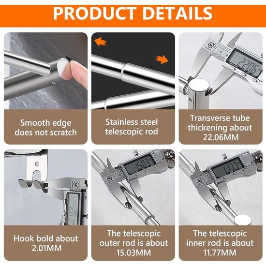 Towel Rail, No Drilling, 43-75 cm, Extendable Towel Rail, Self-Adhesive Bath Towel Holder, Wall 3-Tier Towel Rail with Hooks, Waterproof Rust Bath Towel, Towel Holder for Bathroom/Kitchen