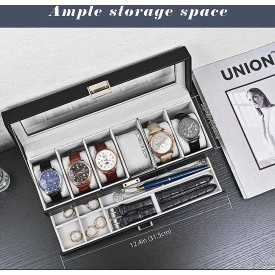 Horlogedoos met 6 vakken, horlogedoos met glazen deksel, 2 niveaus, horlogekoffer met uitneembaar horlogekussen, horlogedoos voor sieraden, ringen, armbanden en halskettingen, zwart