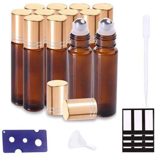 OliÃ«n Roller Bottles Glazen flessen RVS Roller Balls 10 ml met voor aromaolie en geurolie Navulbaar 12-pack (trechter, opener, etiketten, plastic pipetten)