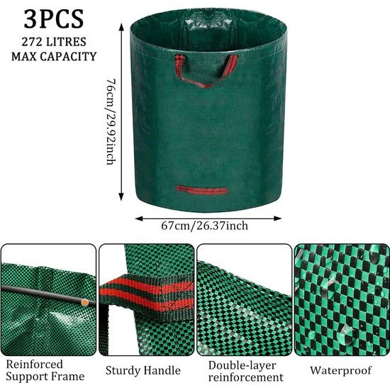 Tuinzak, tuinafvalzak, 3 stuks, 272 liter, zelfdragende tuinzak, afvalzak, opvouwbaar met 4 extra sterke handgrepen, incl. 1 paar tuinhandschoenen