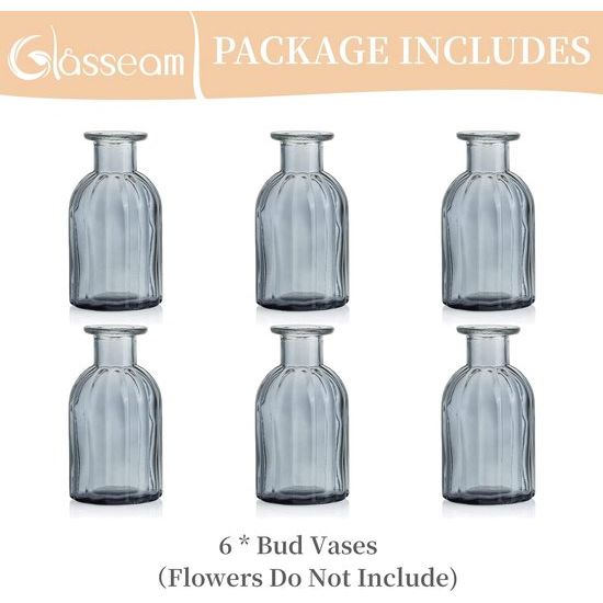 Kleine vazenset, glazen vaas, 6 stuks, mini-bloemenvaas, grijs, vintage, glas, rond, glazen vazen, flessenvaas, kleurrijk, klein geribbeld, tafelvaas, vazenset, glazen fles, decoratie voor