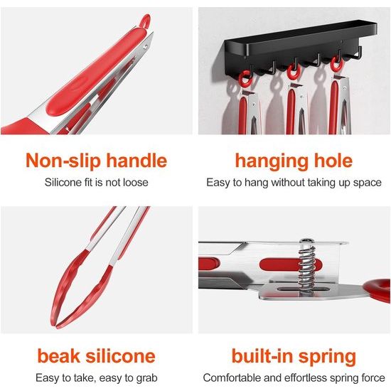 Keukentang roestvrij staal, 22,4 cm, barbecue-tang, keukentang van siliconen, levensmiddelenkwaliteit, met slot en antislip handgreep, keukengerei-accessoires voor pasta, vlees, gehaktballen