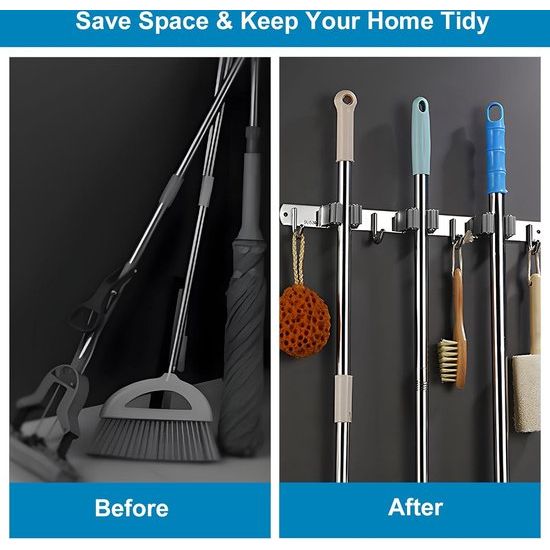 Bezemhouder muur, gereedschapshouder RVS met 2 houders en 3 haken, bezemsteelhouder, tuingereedschaphouder muur, muurbevestiging, bezemhouder voor badkamer, tuin, garage