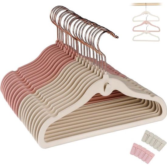Kleerhangers voor kinderen, van fluweel, 30 stuks babyhangers met haken in roségoud met 20 clips, ultradun, ruimtebesparend, antislip, kinderkleerhangers voor baby's, peuters en kinderkleding