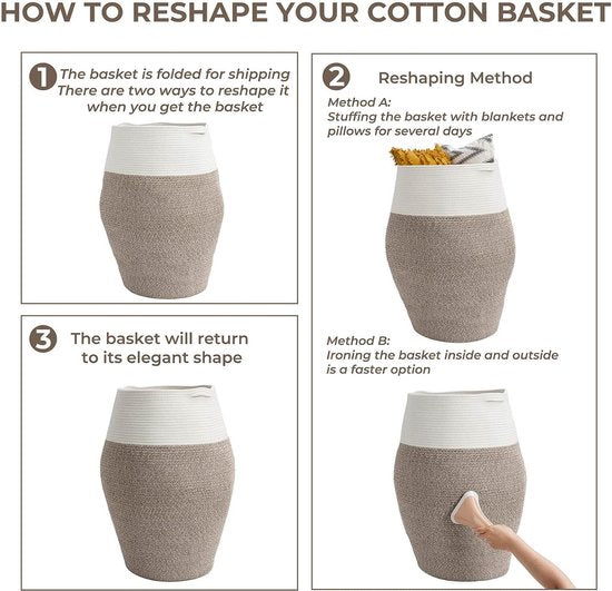 wasmand grote opbergmand van gevlochten katoenen touw voor vuile kleren in de wasruimte 65 cm hoog, wit en bruin