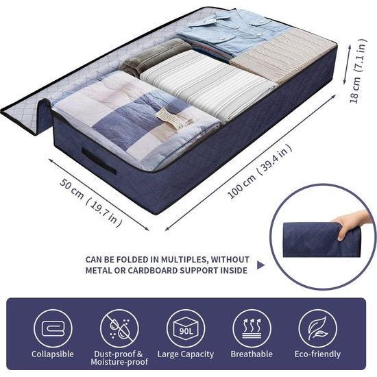 3 stuks opbergzakken, opbergdoos van 90 liter met deksel, grote opvouwbare kledingopslag, verhuisdozen, opbergtas onder het bed voor dekbedden, kussens, kleding, 100 x 50 x 18 cm