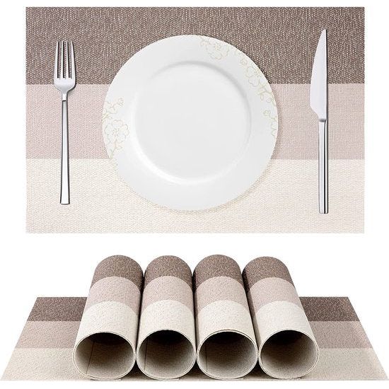 Placemat set, antislip, afwasbaar pvc en hittebestendig, placemats voor thuis of restaurant, voor de eettafel (bruin/zilver)