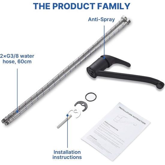 Keukenkraan zwart, keukenkraan 360° draaibaar, ééngreeps keukenmengkraan, aanrechtkraan met keramisch cartouche, koud en warm standen