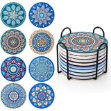 Onderzetters dranken-set van 8 absorberende kurken keramische glazen onderzetters, met metalen houder 10 cm mandala-patroon voor kopjes, vazen, kaarsen, housewarmingscadeau voor verjaardag, keuken en woonkamer