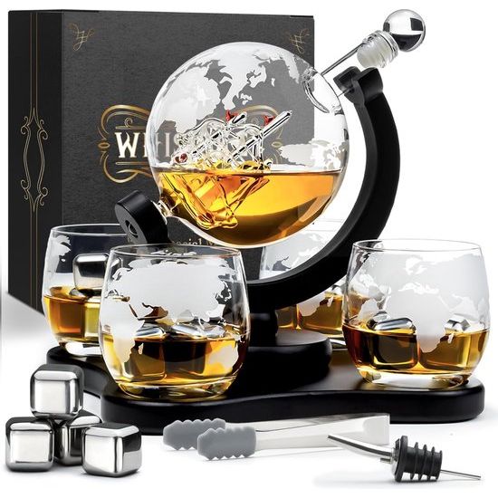 Whiskykaraf - Wereldbol - Karaf - Whiskyset - 900 ml - Gifts for men - Including 4 whisky stones, pourers, and 4 whisky glasses