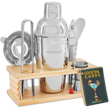 Cocktailset,8-delige barset bevat 1 cocktailmixer van 530 ml, 1 barzeef, 1 cocktailmaatbeker, 1 ijstang, 1 barlepel, 1 flesopener, receptenkaarten en 1 houten standa