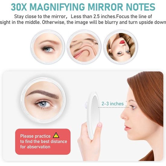 Magnifying Mirror, 30 x Magnifying Mirror with Suction Cups, Magnifying Mirror for Make-up, 30 x Travel Magnifying Mirrors, Suitable for Bedroom, Bathroom and Travel, 6 Inch