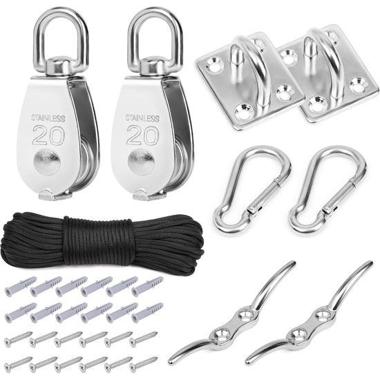 2x roestvrijstalen M20 katrol katrollen voor touwenset - draaibare haak katrol nylon touw karabijnhaak clip & oogkussenplaat - 150 kg draagvermogen